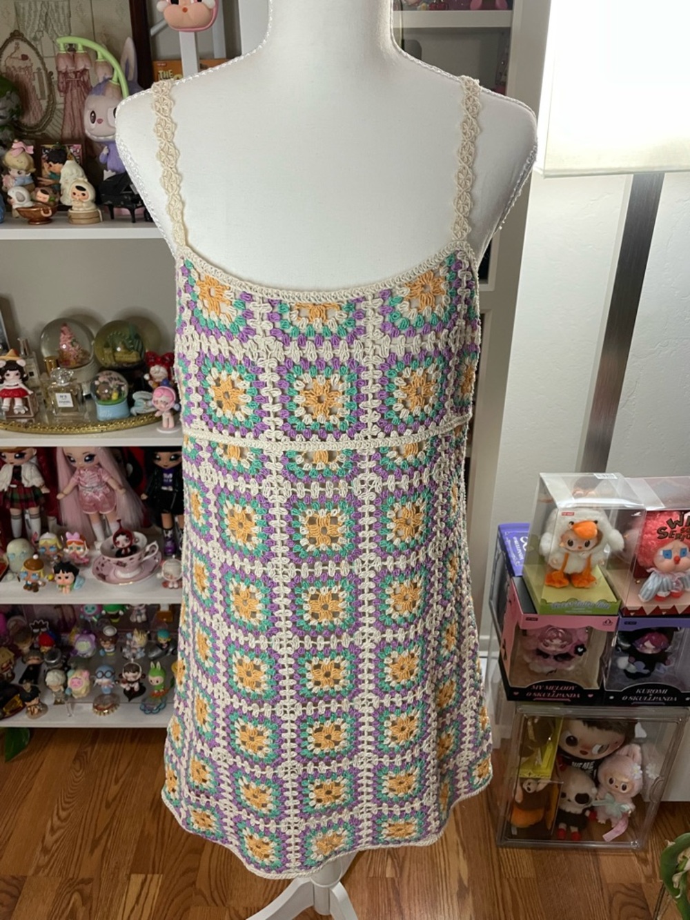 Zara Crochet Granny Square Knit Slip Dress Size L Colorful Boho Midi